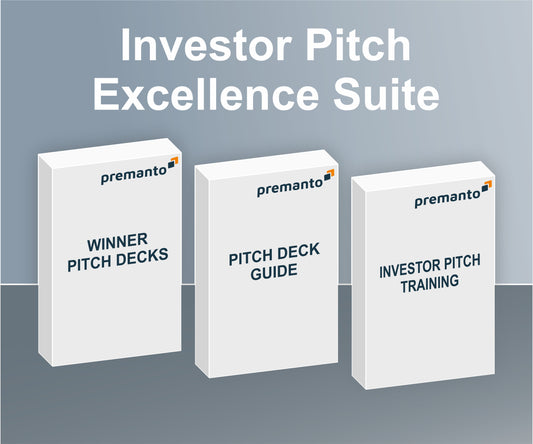 Das Bild zeigt die Investor Pitch Excellence Suite, bestehend aus drei Produkten: Winner Pitch Decks, Pitch Deck Guide und Investor Pitch Training. Die Produkte sind in schlichten weißen Boxen dargestellt, jeweils mit dem Premanto-Logo versehen. Der Hintergrund ist schlicht und professionell in Grautönen gehalten.