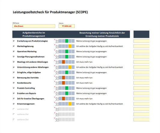 Screenshot zeigt Teilansicht des Excel-Tools SCOPE zur Selbsteinschätzung der Leistung als Produktmanager. Enthält Liste von Aufgabenbereichen, Bewertungsampel und Leistungsbewertungen in Textform als Hinweise für Korrekturen. Tool ermöglicht regelmäßige Überprüfung der eigenen Leistung. Es visualisiert Ergebnisse bzgl. relevanter Aufgabenbereiche, unterstützt bei Identifizierung von Korrekturmaßnahmen. Produktmanager können Arbeitseffizienz und Qualität ihrer Ergebnisse damit nachhaltig steigern.