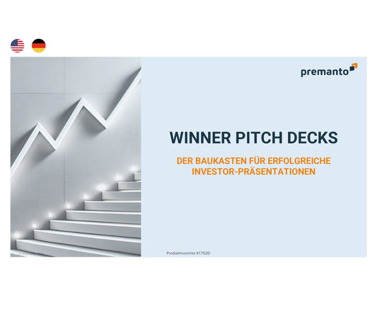Bild zeigt eine Präsentationsfolie mit zwei Flaggen (USA, Deutschland) oben links. Links ist eine weiße Zickzack-Treppe zu sehen. Rechts steht auf blauem Hintergrund der Titel "WINNER PITCH DECKS" und darunter "DER BAUKASTEN FÜR ERFOLGREICHE INVESTOR-PRÄSENTATIONEN". Das "premanto"-Logo ist oben rechts.