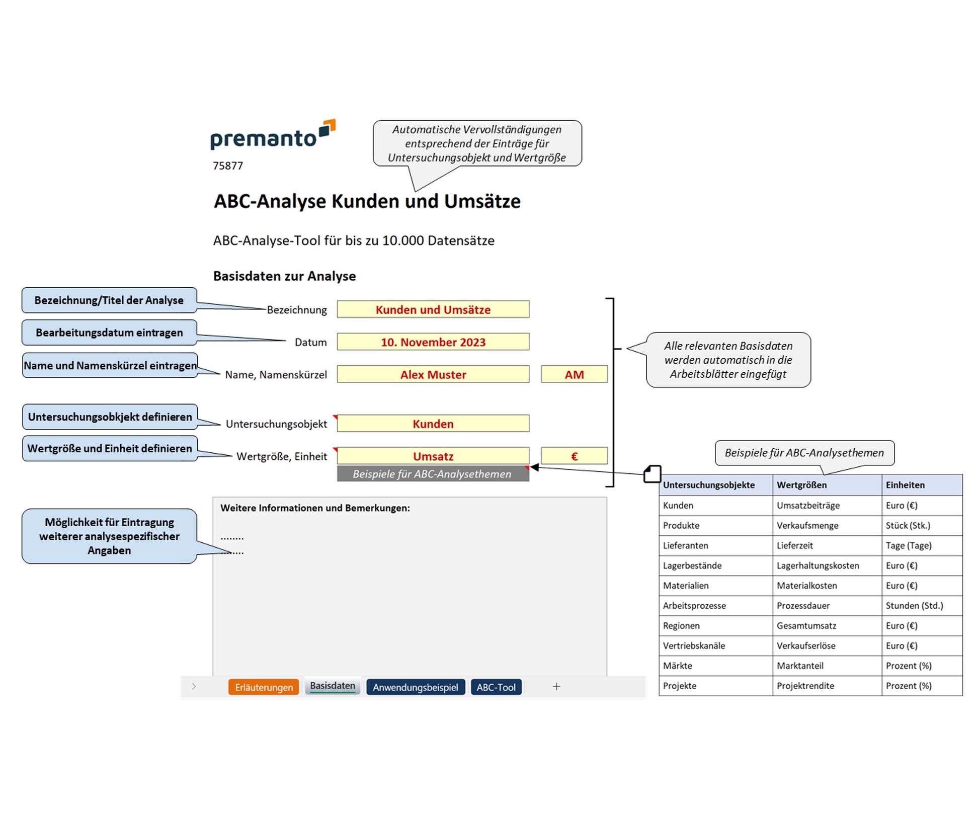 Ein Formular des ABC-Analysetools zeigt Felder zur Eingabe von Basisdaten und Benutzerinformationen. Sprechblasen erläutern die Funktion, mit Beispielen für Analyseobjekte und Wertgrößen. Unten sind Tabs für weitere Arbeitsblätter sichtbar.