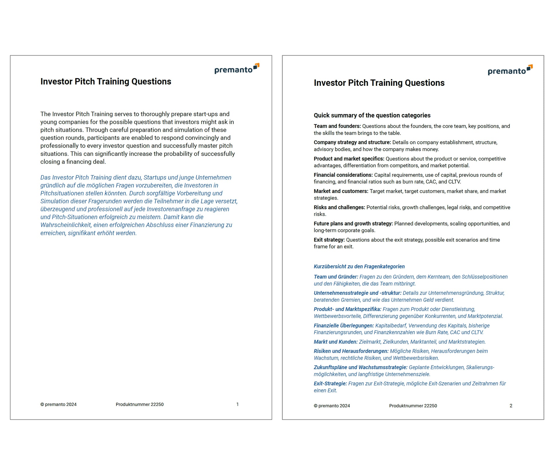 Bild zeigt zwei Seiten eines Dokuments mit dem Titel "Investor Pitch Training Questions". Die linke Seite enthält eine Einführung in Englisch und Deutsch, die erklärt, dass das Training Start-ups und junge Unternehmen auf Investorenfragen vorbereitet. Die rechte Seite fasst die Kategorien der Fragen kurz zusammen, ebenfalls in beiden Sprachen.