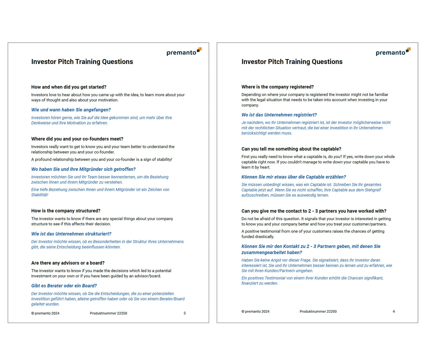 Bild zeigt zwei Seiten eines Dokuments mit dem Titel "Investor Pitch Training Questions". Beide Seiten enthalten Fragen, die Investoren häufig stellen, in Englisch und Deutsch. Die Fragen umfassen Themen wie den Start des Unternehmens, das Treffen der Gründer, die Unternehmensstruktur, den rechtlichen Sitz, das Cap-Table und Referenzen von Partnern.