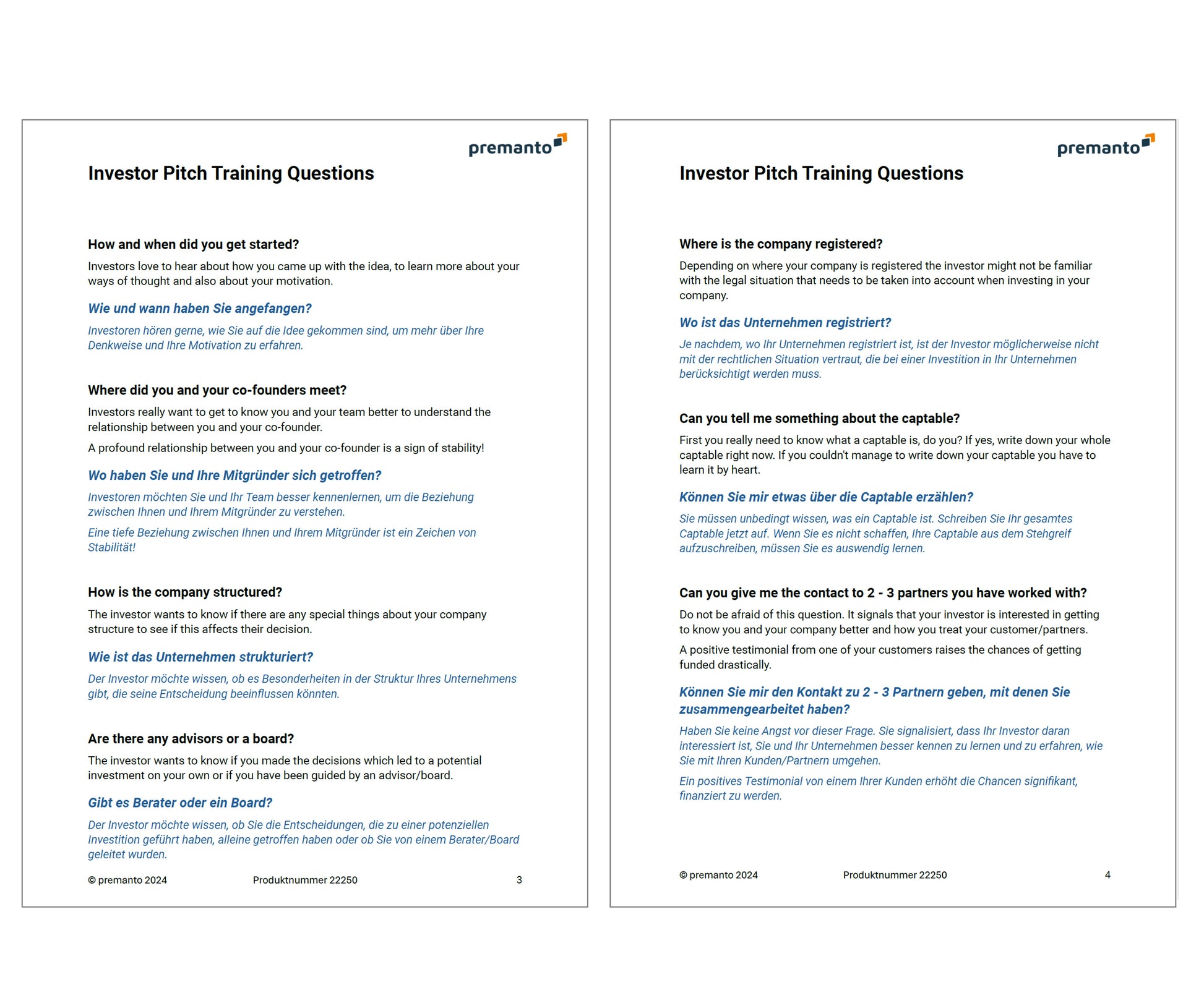 Bild zeigt zwei Seiten eines Dokuments mit dem Titel "Investor Pitch Training Questions". Beide Seiten enthalten Fragen, die Investoren häufig stellen, in Englisch und Deutsch. Die Fragen umfassen Themen wie den Start des Unternehmens, das Treffen der Gründer, die Unternehmensstruktur, den rechtlichen Sitz, das Cap-Table und Referenzen von Partnern.