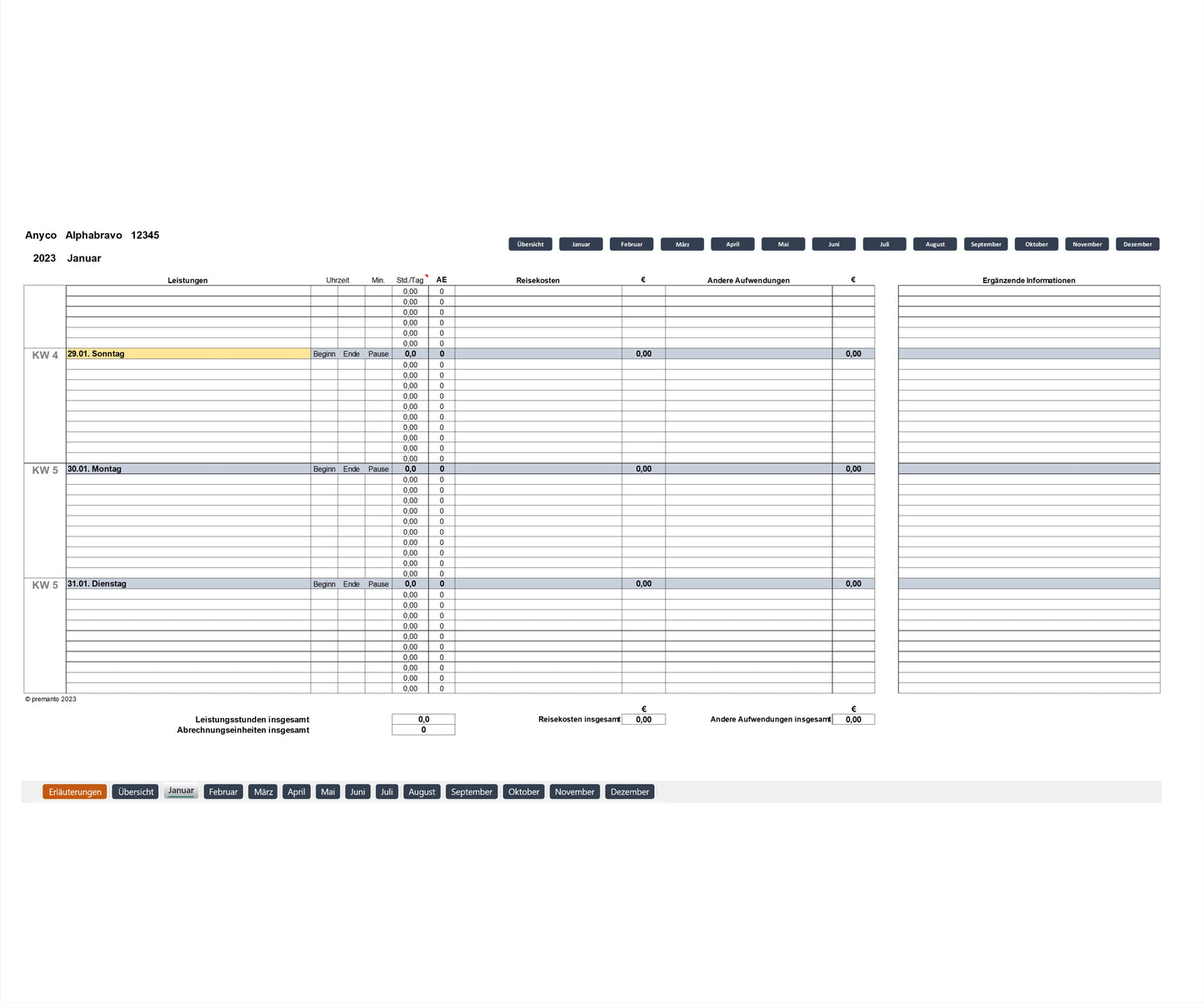 Screenshot mit Kalenderseite von Monatsende des Excel-SEKAL-Servicekalenders CT für Berater & Projektmanager zur Leistungserfassung. Enthält Projektinfos, Monatsnavigation, Spalten für Services, Start-, Endzeiten, Pausen, Servicestunden, Abrechnungseinheiten, Reisekosten usw.. Kalenderwoche, Datum, Wochentag sind gezeigt, Wochenenden farblich markiert. Gesamtstunden, Gesamtabrechnungseinheiten, Reisekosten, andere Aufwendungen werden zusammengefasst. Einfache Bedienung & integrierte Berechnungsfunktionen.