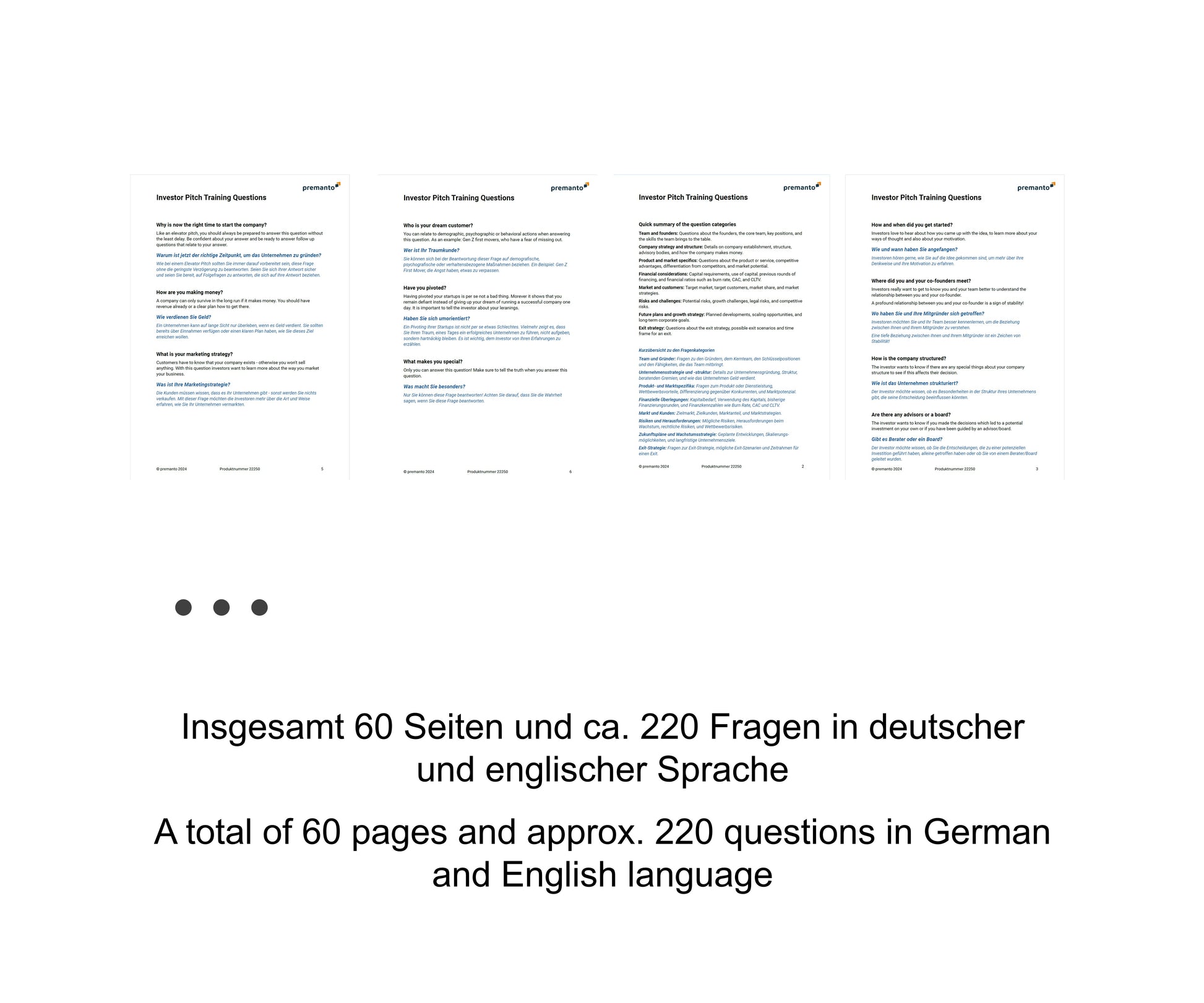 Bild zeigt drei Seiten eines Dokuments mit dem Titel "Investor Pitch Training Questions" in Englisch und Deutsch. Unten steht der Text: "Insgesamt 60 Seiten und ca. 220 Fragen in deutscher und englischer Sprache / A total of 60 pages and approx. 220 questions in German and English language."
