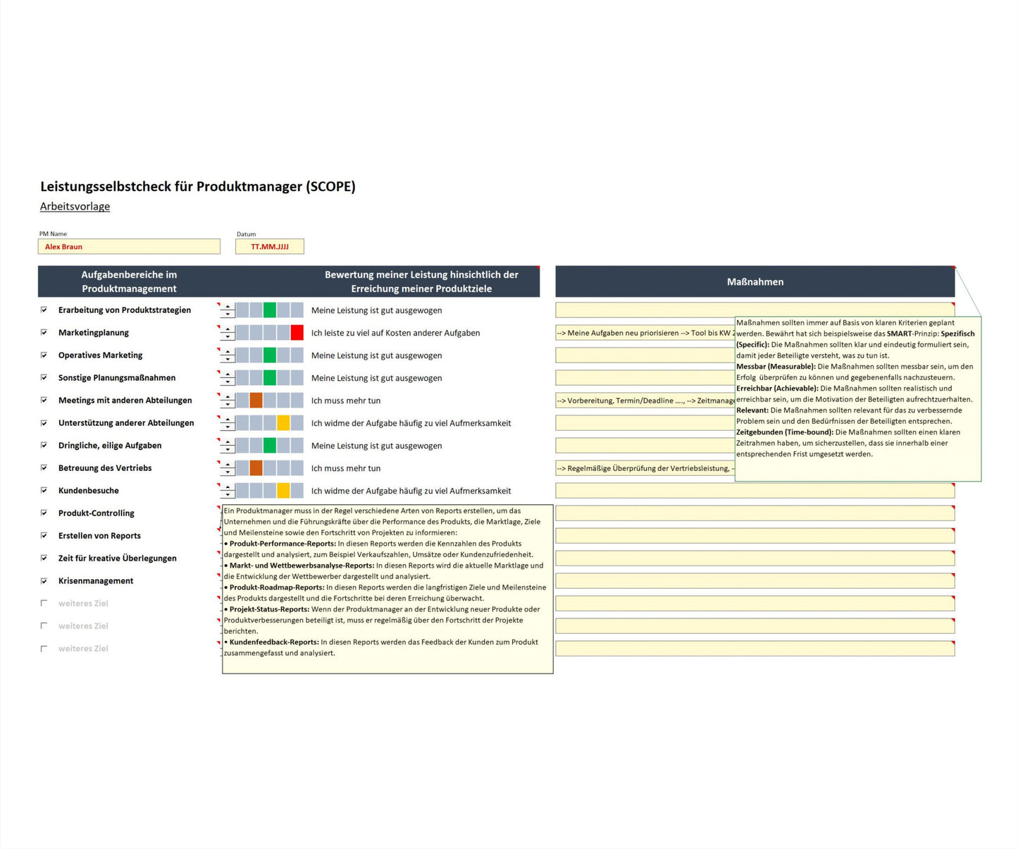 Screenshot mit Excel-Tool SCOPE zur Leistungsselbskontrolle als Produktmanager. Enthält Liste von Aufgabenbereichen, Bewertungsampel und Leistungsbewertungen als Korrekturhinweise. Wissensboxen Reporting und SMART-Maßnahmen sind geöffnet. Tool ermöglicht regelmäßige Überprüfung der eigenen Leistung. Es visualisiert Ergebnisse bzgl. der Aufgabenbereiche, unterstützt bei Identifizierung von Korrekturmaßnahmen. Produktmanager können Arbeitseffizienz und Qualität ihrer Ergebnisse damit nachhaltig steigern.