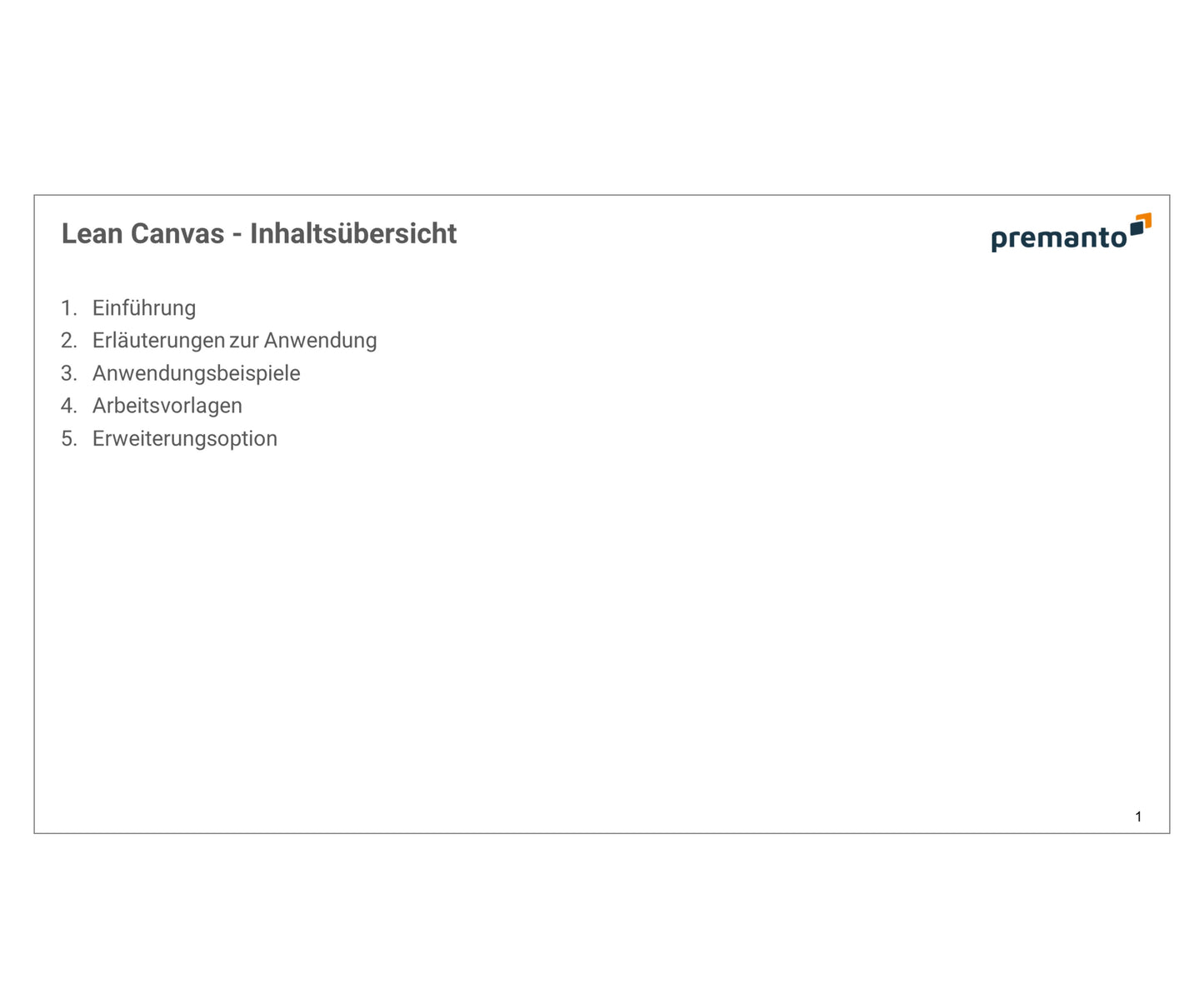 Screenshot zeigt PowerPoint-Slide mit Inhaltsübersicht der Lean-Canvas-Vorlage in fünf Stichpunkten.