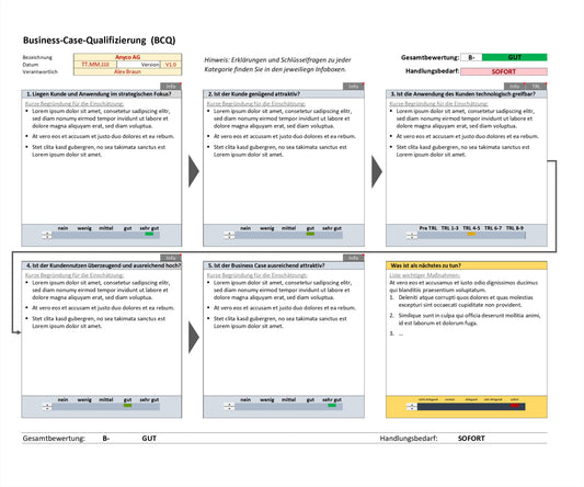 Screenshot zeigt Excel-BCQ-Tool zur Bewertung von technologie-basierten Business Cases. Es enthält 6 Felder mit Leitfragen für die Bewertung der Dimensionen Strategie, Kundenattraktivität, technische Machbarkeit, Kundennutzen, Attraktivität des Business Cases und Handlungsbedarf. Tool ermöglicht schnelle und fundierte Bewertung mit Gesamtnote. Zeigt auch Handlungsbedarf und Dringlichkeit an. Mit dem BCQ-Tool können Business Cases effektiv analysiert und bewertet werden für fundierte Entscheidungen.