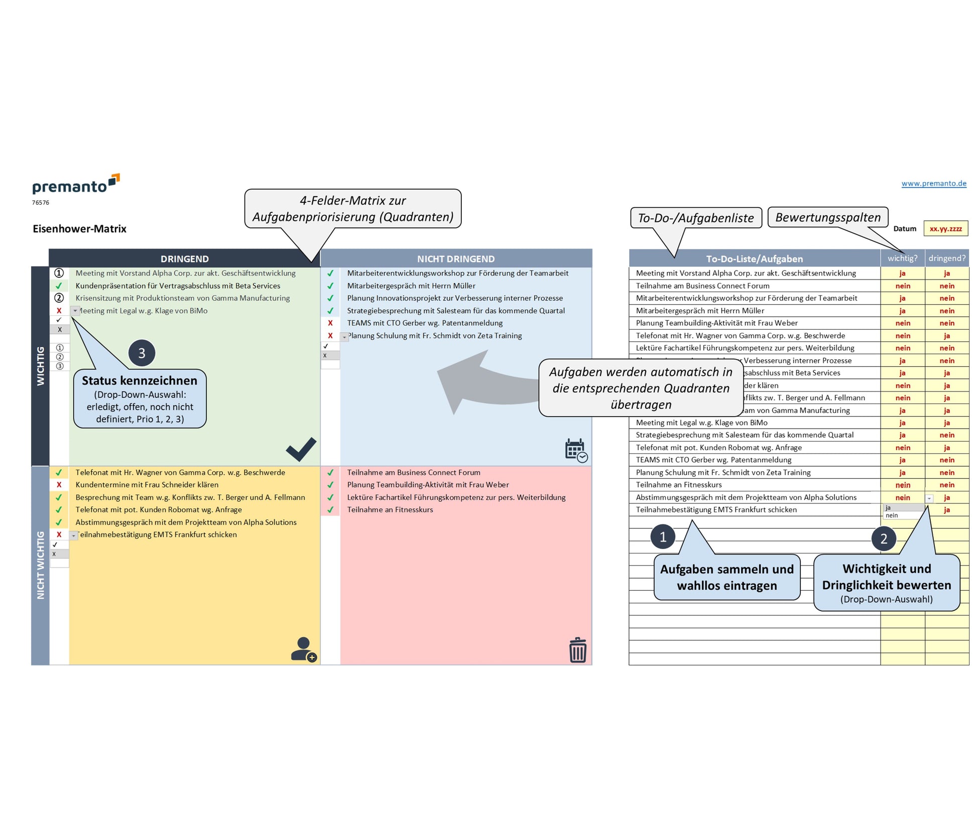 Screenshot zeigt Excel-Eisenhower-Matrix-Tool zur Steigerung der Effektivität durch Priorisierung von Aufgaben nach Wichtigkeit und Dringlichkeit. Sprechblasen erklären Funktionen & Bedienung. Zeigt To-Do-Listenbereich mit Bewertungsspalten und Priorisierungsbereich.