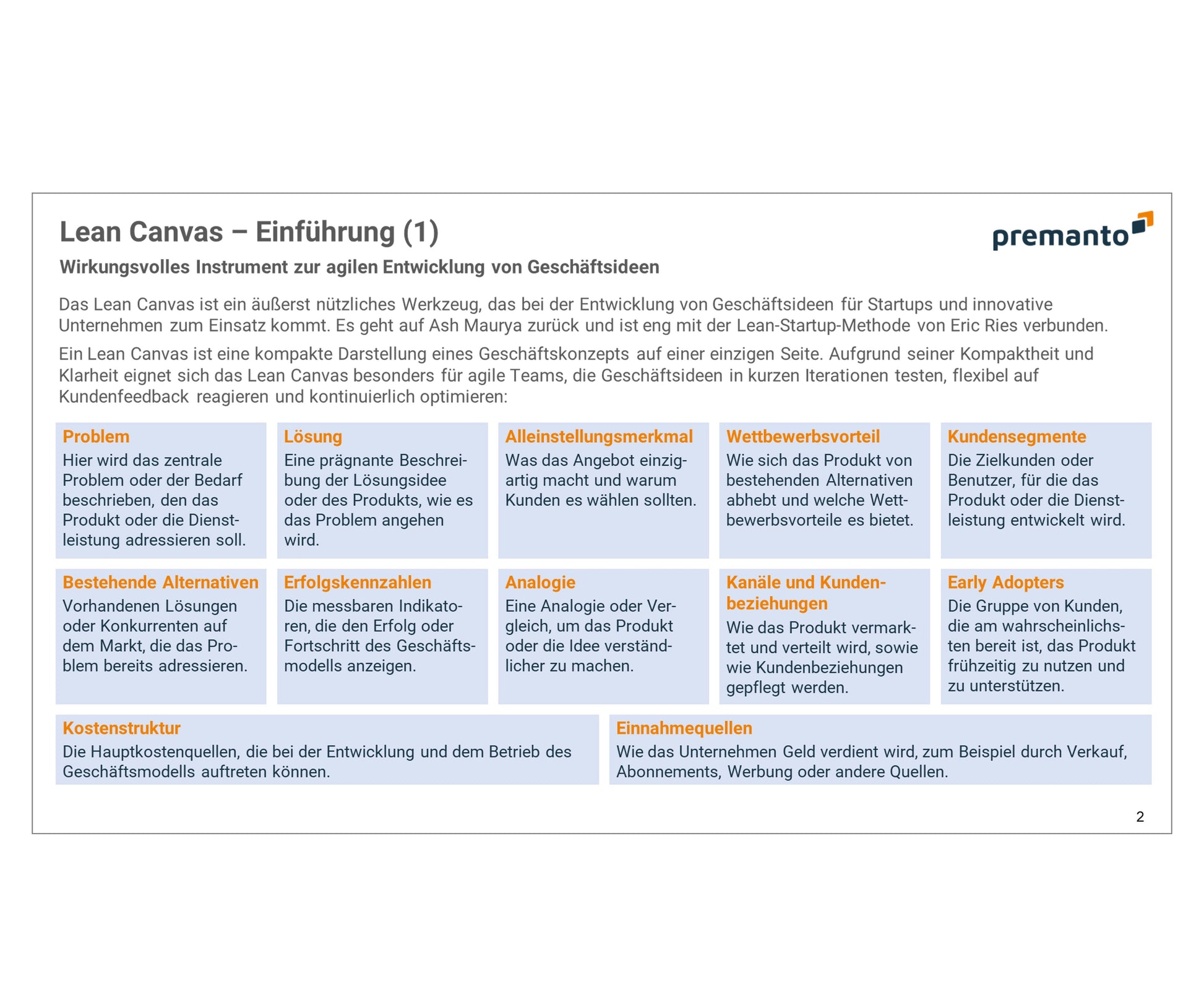Screenshot zeigt Powerpoint-Slide mit 2. Teil der Erläuterung der Lean-Canvas-Methode. Oben unter der Überschrift befindet sich ein erklärender Textabschnitt, darunter sind die Produkt- und Marktseite des Lean Canvas dargestellt.
