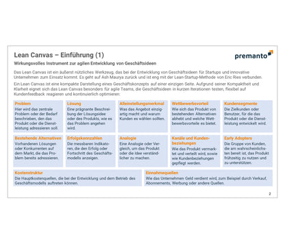 Screenshot zeigt Powerpoint-Slide mit 2. Teil der Erläuterung der Lean-Canvas-Methode. Oben unter der Überschrift befindet sich ein erklärender Textabschnitt, darunter sind die Produkt- und Marktseite des Lean Canvas dargestellt.