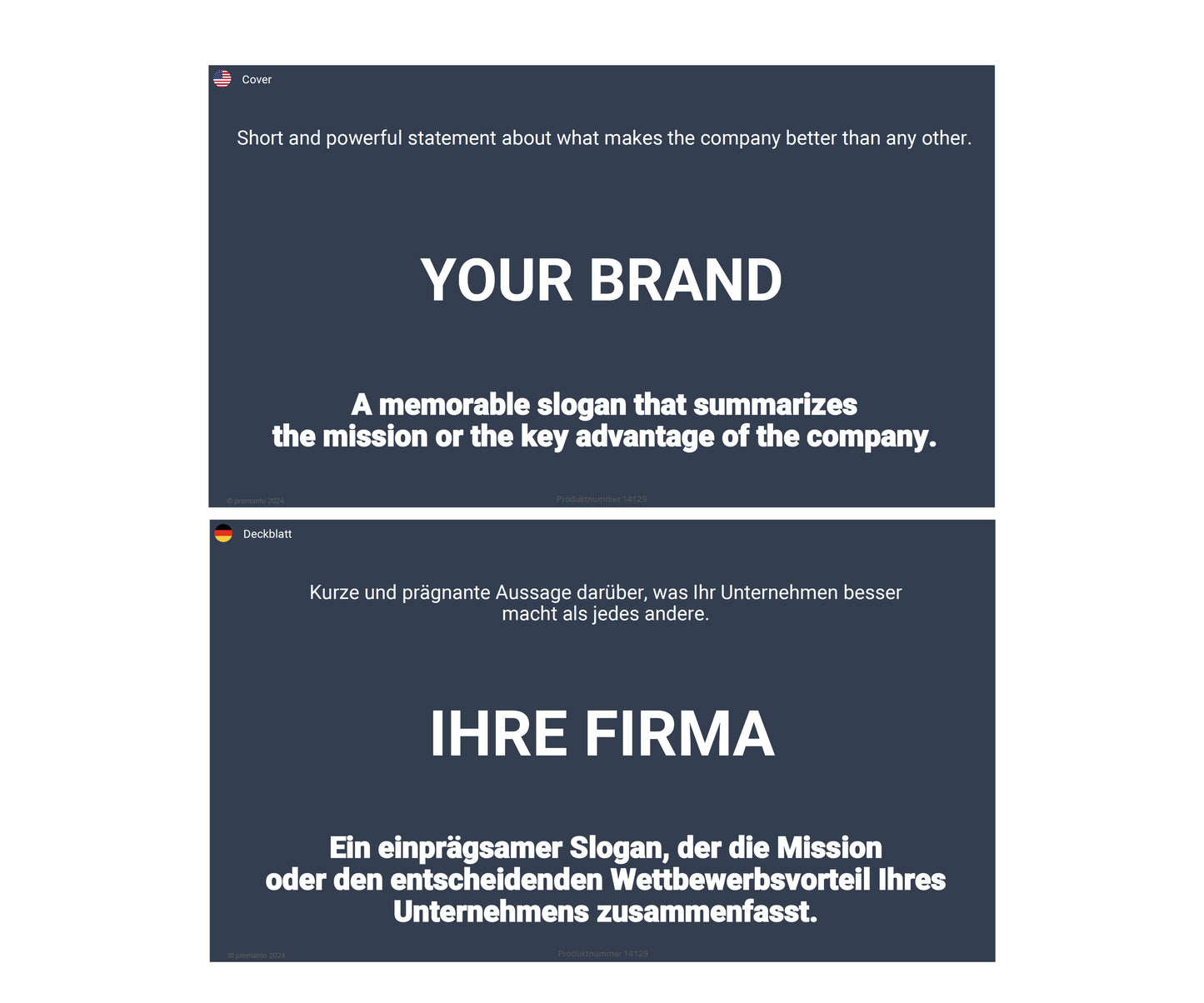 Bild zeigt zwei Präsentationsfolien. Die obere Folie (Englisch) enthält den Text: "YOUR BRAND - A memorable slogan that summarizes the mission or key advantage." Die untere Folie (Deutsch) enthält den Text: "Ihre Firma - Ein einprägsamer Slogan, der die Mission oder den Wettbewerbsvorteil zusammenfasst.".