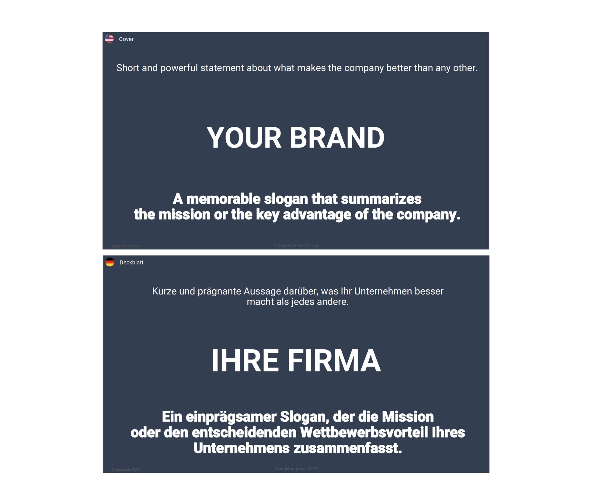 Bild zeigt zwei Präsentationsfolien. Die obere Folie (Englisch) enthält den Text: "YOUR BRAND - A memorable slogan that summarizes the mission or key advantage." Die untere Folie (Deutsch) enthält den Text: "Ihre Firma - Ein einprägsamer Slogan, der die Mission oder den Wettbewerbsvorteil zusammenfasst.".