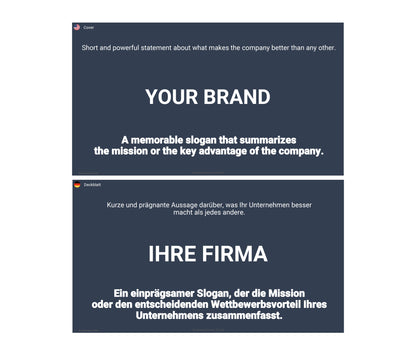 Bild zeigt zwei Präsentationsfolien. Die obere Folie (Englisch) enthält den Text: "YOUR BRAND - A memorable slogan that summarizes the mission or key advantage." Die untere Folie (Deutsch) enthält den Text: "Ihre Firma - Ein einprägsamer Slogan, der die Mission oder den Wettbewerbsvorteil zusammenfasst.".