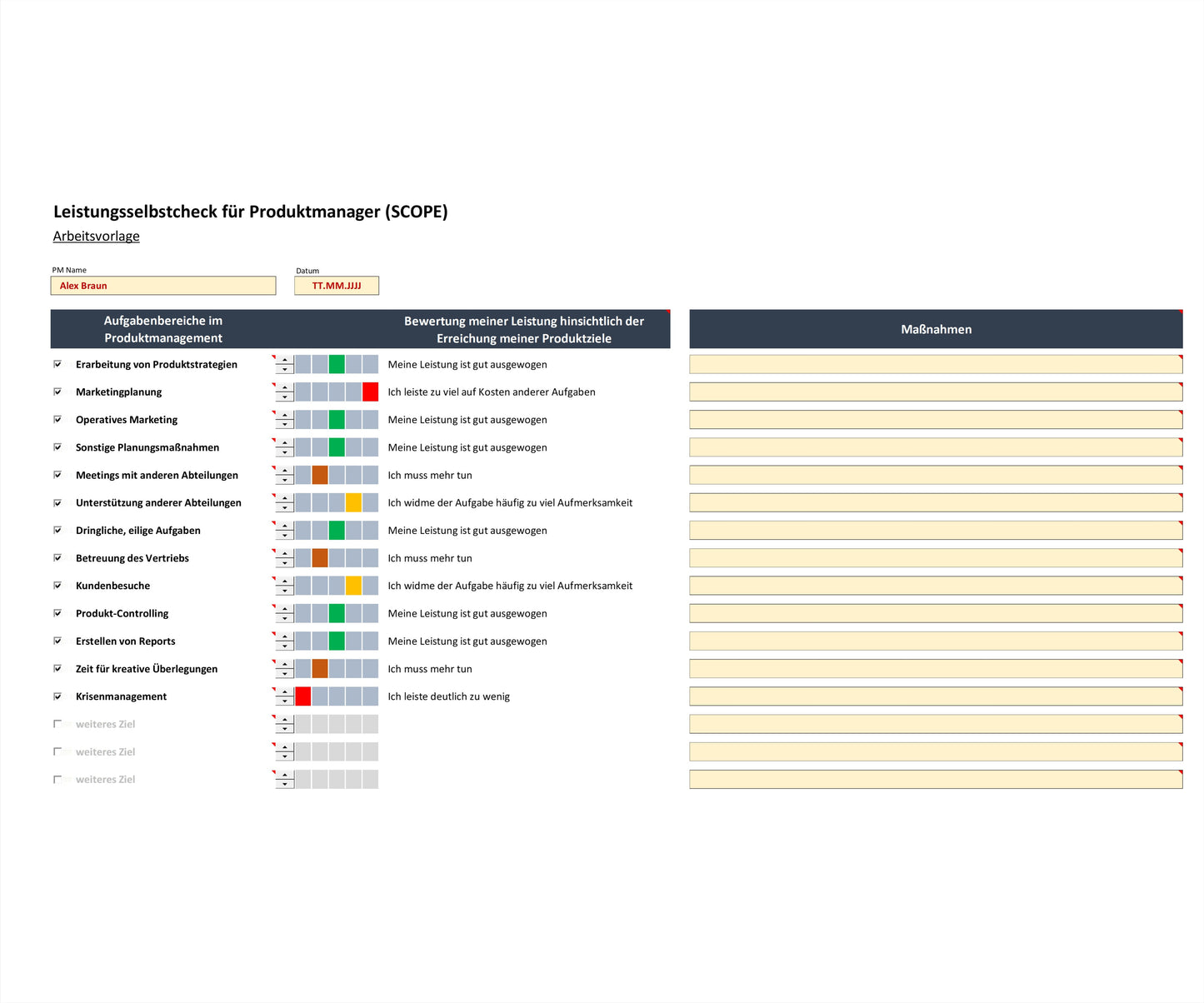Screenshot zeigt Excel-Tool SCOPE zur Selbsteinschätzung der Leistung als Produktmanager. Enthält eine Liste von Aufgabenbereichen, Bewertungsampel und Leistungsbewertungen in Textform als Hinweise für Korrekturen. Tool ermöglicht regelmäßige Nahsteuerung der eigenen Leistung. Es visualisiert Ergebnisse bzgl. relevanter Aufgabenbereiche, unterstützt bei Identifizierung von Korrekturmaßnahmen. Produktmanager können Arbeitseffizienz und die Qualität ihrer Ergebnisse damit nachhaltig steigern.