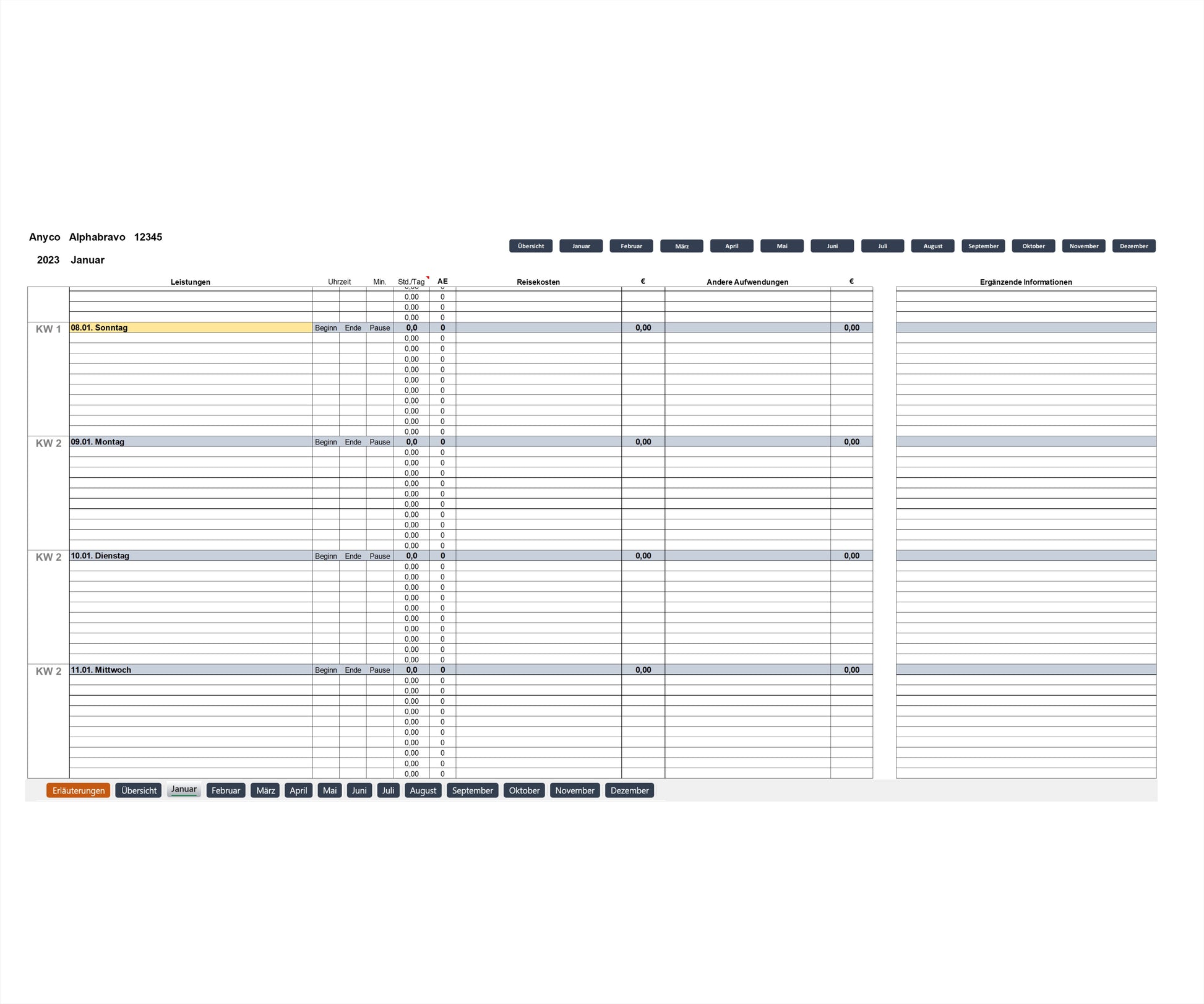Screenshot zeigt Monatsanfangsseite des Excel-SEKAL-Servicekalenders, CT-Version, für Berater & Projektmanager zur Leistungserfassung. Enthält Projektinfos, Monatsnavigation, Spalten für Leistungsbeschreibungen, Start-, Endzeiten, Pausen, Servicestunden, Abrechnungseinheiten, Reisekosten, andere Aufwendungen, weitere Informationen. Kalenderwoche, Datum, Wochentag sind gezeigt, Wochenenden sind farblich markiert. Tool für präzise Zeiterfassung durch einfache Bedienung & integrierte Berechnungsfunktionen.