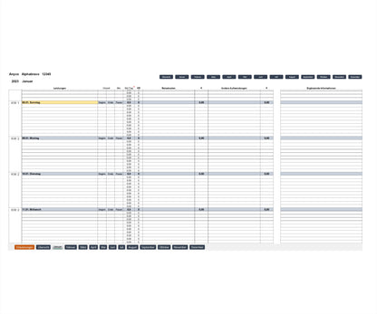 Screenshot zeigt Monatsanfangsseite des Excel-SEKAL-Servicekalenders, CT-Version, für Berater & Projektmanager zur Leistungserfassung. Enthält Projektinfos, Monatsnavigation, Spalten für Leistungsbeschreibungen, Start-, Endzeiten, Pausen, Servicestunden, Abrechnungseinheiten, Reisekosten, andere Aufwendungen, weitere Informationen. Kalenderwoche, Datum, Wochentag sind gezeigt, Wochenenden sind farblich markiert. Tool für präzise Zeiterfassung durch einfache Bedienung & integrierte Berechnungsfunktionen.