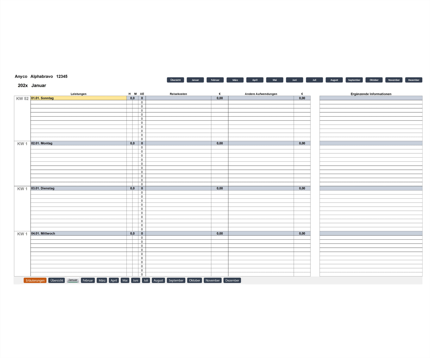Screenshot zeigt Monatsanfangsseite des Excel-SEKAL-Servicekalenders, LD-Version, für Berater & Projektmanager zur Leistungserfassung. Enthält Projektinformationen, Monatsnavigation, Spalten für Leistungsbeschreibungen pro Tag mit ihrer Dauer in Stunden und Minuten. Es gibt zusätzliche Spalten für Abrechnungseinheiten, Reisekosten, andere Aufwendungen sowie ergänzende Informationen. Die Kalenderwoche, das Datum und der Wochentag werden angezeigt, die Wochenenden farblich hervorgehoben.