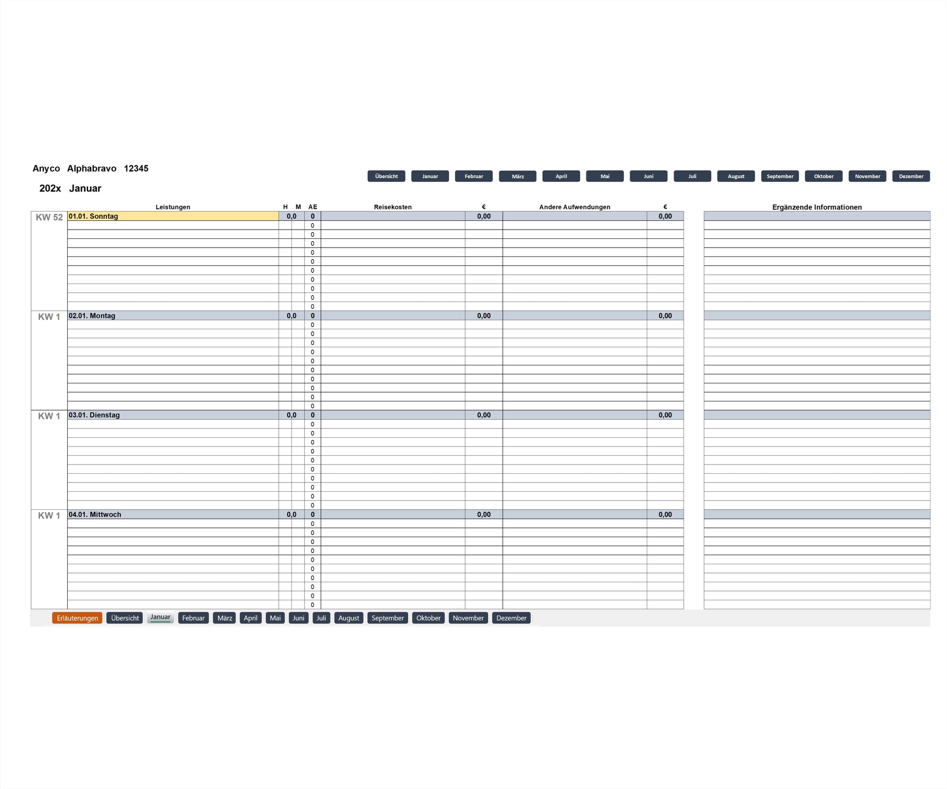 Screenshot zeigt Monatsanfangsseite des Excel-SEKAL-Servicekalenders, LD-Version, für Berater & Projektmanager zur Leistungserfassung. Enthält Projektinformationen, Monatsnavigation, Spalten für Leistungsbeschreibungen pro Tag mit ihrer Dauer in Stunden und Minuten. Es gibt zusätzliche Spalten für Abrechnungseinheiten, Reisekosten, andere Aufwendungen sowie ergänzende Informationen. Die Kalenderwoche, das Datum und der Wochentag werden angezeigt, die Wochenenden farblich hervorgehoben.