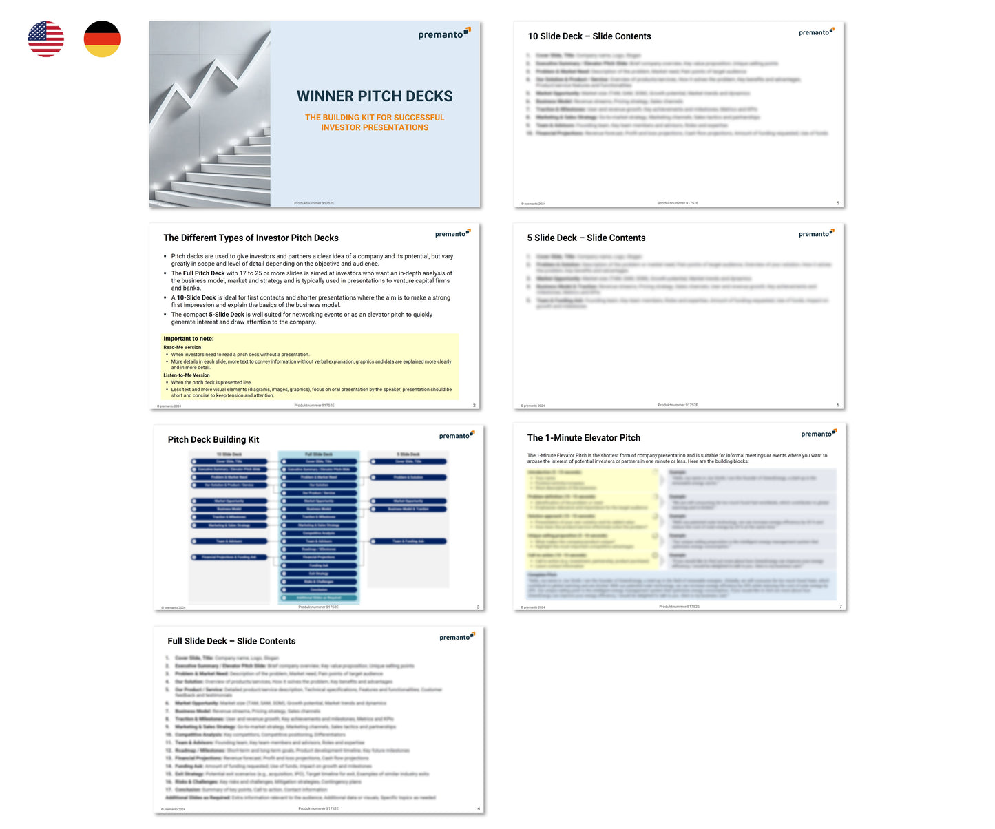 Bild zeigt eine mehrseitige Präsentation mit dem Titel "WINNER PITCH DECKS - THE BUILDING KIT FOR SUCCESSFUL INVESTOR PRESENTATIONS" und enthält Folien mit Inhalten zu verschiedenen Arten von Pitch-Decks (10-Folien-Deck, 5-Folien-Deck, 1-Minuten-Elevator-Pitch) sowie einem Baukasten für Pitch-Decks. Oben links sind die US-amerikanische und deutsche Flagge abgebildet.