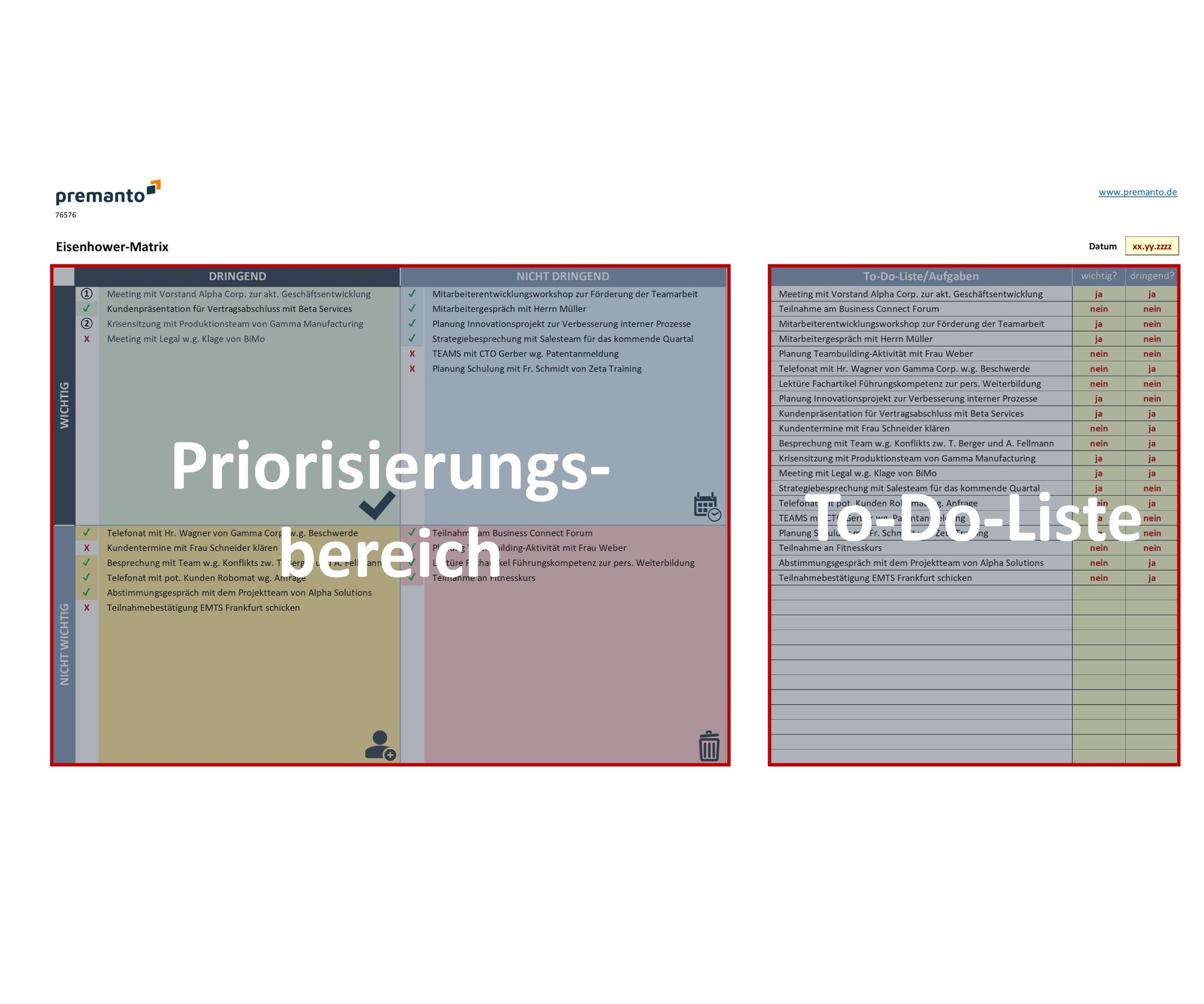 Screenshot zeigt Excel-Eisenhower-Matrix-Tool zur Steigerung der Effektivität durch Priorisierung von Aufgaben nach Wichtigkeit und Dringlichkeit. Die Bereiche To-Do-Liste und Priorisierungselder sind hervorgehoben durch rote Umrandung