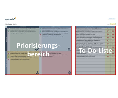 Screenshot zeigt Excel-Eisenhower-Matrix-Tool zur Steigerung der Effektivität durch Priorisierung von Aufgaben nach Wichtigkeit und Dringlichkeit. Die Bereiche To-Do-Liste und Priorisierungselder sind hervorgehoben durch rote Umrandung