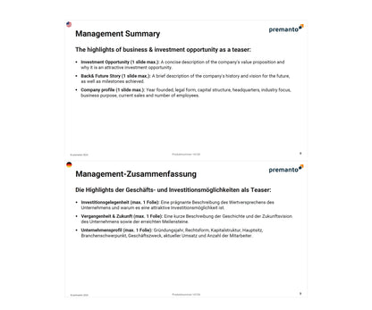 Bild zeigt zwei Folien eines Präsentationsdecks. Die obere Folie (Englisch) trägt den Titel "Management Summary" und beschreibt Investitionsmöglichkeiten, die Geschichte und Zukunft des Unternehmens sowie das Unternehmensprofil. Die untere Folie (Deutsch) hat den Titel "Management-Zusammenfassung" und enthält ähnliche Informationen.