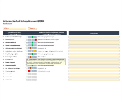 Screenshot zeigt Excel-Tool SCOPE zur Leistungsselbskontrolle als Produktmanager. Enthält Liste von Aufgabenbereichen, Bewertungsampel und Leistungsbewertungen in Textform als Korrekturhinweise. Wissensbox Produkt-Controlling ist geöffnet. Tool ermöglicht regelmäßige Überprüfung der eigenen Leistung. Es visualisiert Ergebnisse bzgl. der Aufgabenbereiche, unterstützt bei Identifizierung von Korrekturmaßnahmen. Produktmanager können Arbeitseffizienz und Qualität ihrer Ergebnisse damit nachhaltig steigern.
