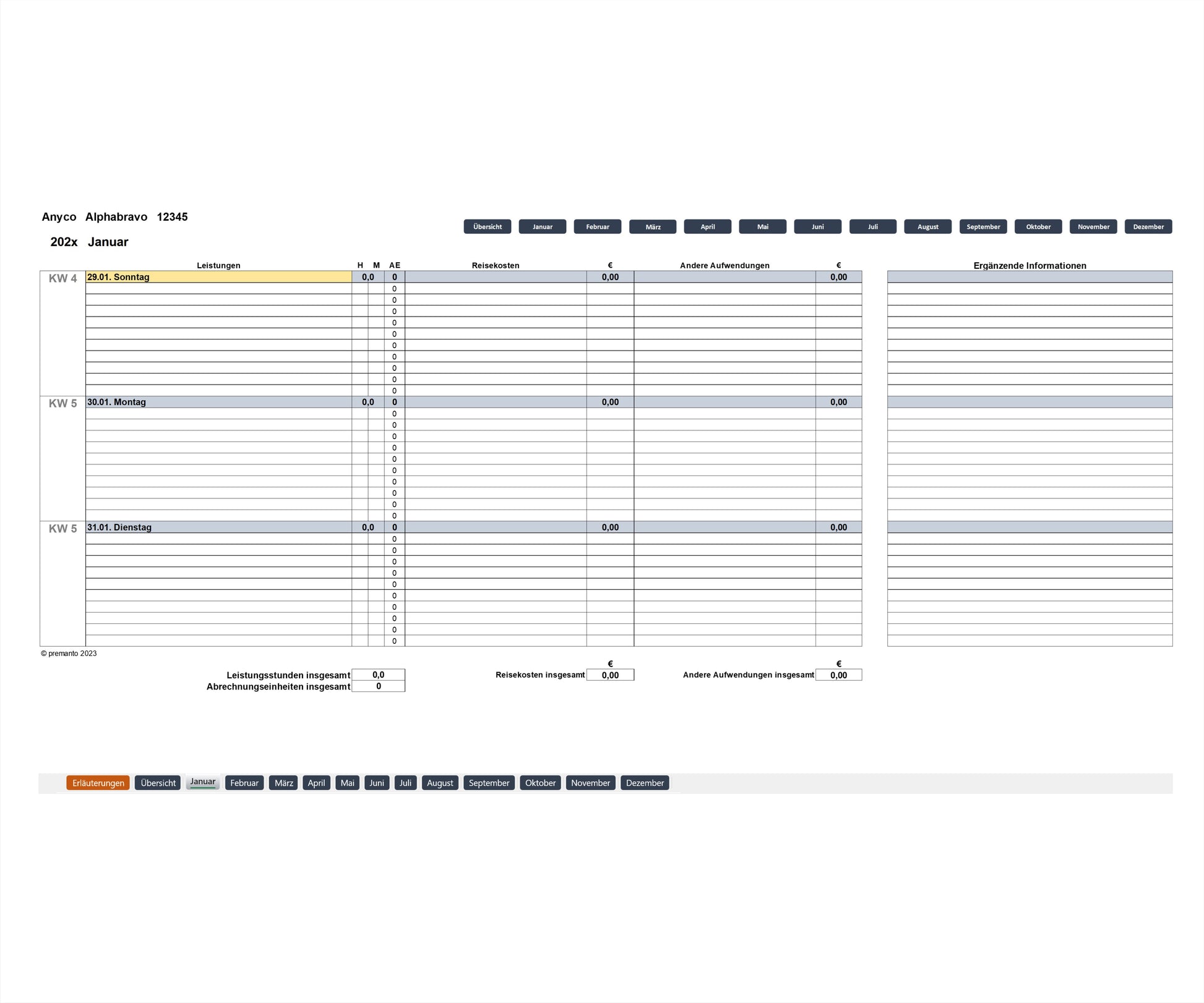 Screenshot mit Kalenderseite von Monatsende des Excel-SEKAL-Servicekalenders LD. Enthält Projektinformationen, Monatsnavigation, Spalten für Leistungsbeschreibungen pro Tag mit Dauer in Stunden und Minuten, Abrechnungseinheiten, Reisekosten und andere Aufwendungen. Kalenderwoche, Datum, Wochentag sind gezeigt, Wochenenden farblich markiert. Gesamtstunden, Gesamtabrechnungseinheiten, Reisekosten, andere Aufwendungen werden zusammengefasst. 