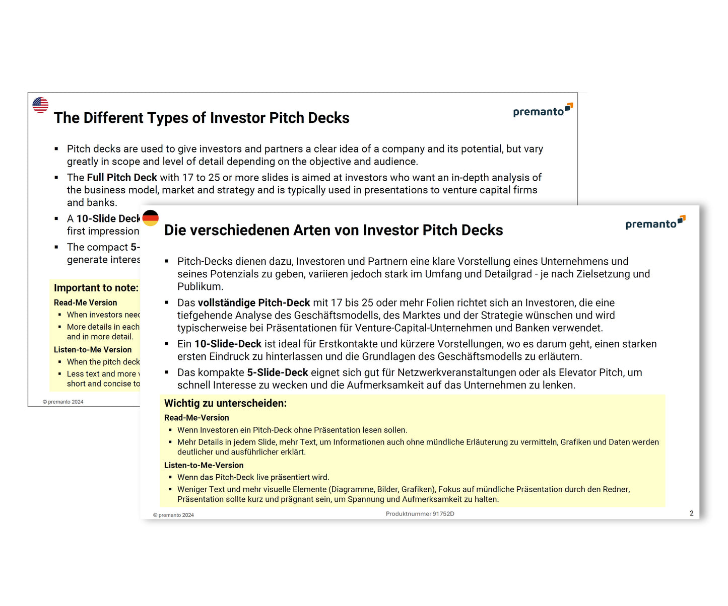 Bild zeigt zwei Folien aus einer Präsentation über verschiedene Arten von Pitch-Decks. Die linke Folie ist auf Englisch und die rechte auf Deutsch. Beide beschreiben den Zweck und die Unterschiede von vollständigen, 10-Folien- und 5-Folien-Pitch-Decks. Am unteren Rand wird zwischen der "Read-Me-Version" und der "Listen-to-Me-Version" unterschieden.