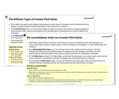Bild zeigt zwei Folien aus einer Präsentation über verschiedene Arten von Pitch-Decks. Die linke Folie ist auf Englisch und die rechte auf Deutsch. Beide beschreiben den Zweck und die Unterschiede von vollständigen, 10-Folien- und 5-Folien-Pitch-Decks. Am unteren Rand wird zwischen der "Read-Me-Version" und der "Listen-to-Me-Version" unterschieden.
