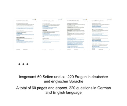 Bild zeigt drei Seiten eines Dokuments mit dem Titel "Investor Pitch Training Questions" in Englisch und Deutsch. Unten steht der Text: "Insgesamt 60 Seiten und ca. 220 Fragen in deutscher und englischer Sprache / A total of 60 pages and approx. 220 questions in German and English language."