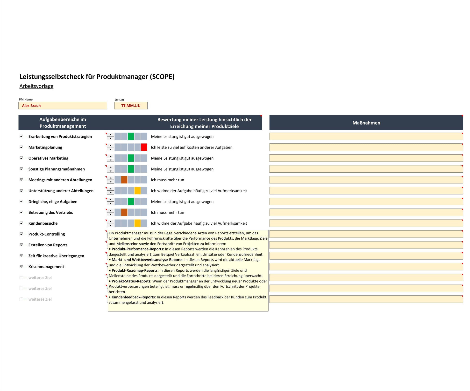 Screenshot zeigt Excel-Tool SCOPE zur Leistungsselbskontrolle als Produktmanager. Enthält Liste von Aufgabenbereichen, Bewertungsampel und Leistungsbewertungen in Textform als Korrekturhinweise. Wissensbox Reporting ist geöffnet. Tool ermöglicht regelmäßige Überprüfung der eigenen Leistung. Es visualisiert Ergebnisse bzgl. der Aufgabenbereiche, unterstützt bei Identifizierung von Korrekturmaßnahmen. Produktmanager können Arbeitseffizienz und Qualität ihrer Ergebnisse damit nachhaltig steigern.