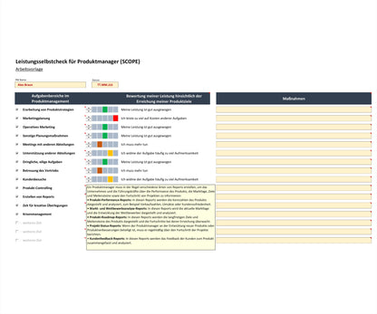 Screenshot zeigt Excel-Tool SCOPE zur Leistungsselbskontrolle als Produktmanager. Enthält Liste von Aufgabenbereichen, Bewertungsampel und Leistungsbewertungen in Textform als Korrekturhinweise. Wissensbox Reporting ist geöffnet. Tool ermöglicht regelmäßige Überprüfung der eigenen Leistung. Es visualisiert Ergebnisse bzgl. der Aufgabenbereiche, unterstützt bei Identifizierung von Korrekturmaßnahmen. Produktmanager können Arbeitseffizienz und Qualität ihrer Ergebnisse damit nachhaltig steigern.
