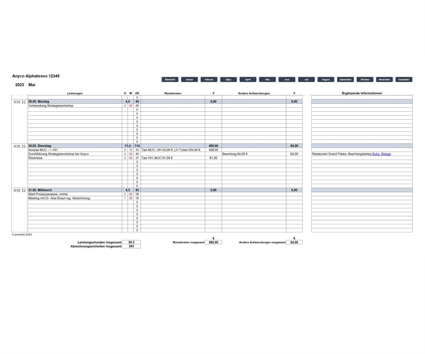 Screenshot mit Kalenderseite von Monatsende des Excel-SEKAL-Servicekalenders LD für Berater & Projektmanager zur Leistungserfassung mit Beispieleintragungen. Enthält Projektinformationen, Monatsnavigation und Spalten für Leistungen und Dauern, Abrechnungseinheiten usw. Kalenderwoche, Datum und Wochentag werden angezeigt, Wochenenden farblich markiert. Unten werden Gesamtleistungsstunden, -abrechnungseinheiten, -reisekosten und andere Aufwendungen angezeigt. 