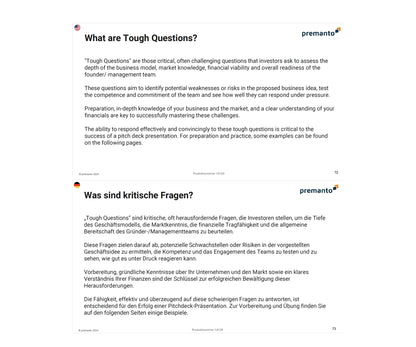 Bild zeigt zwei Präsentationsfolien in Englisch und Deutsch. Die erste Folie trägt den Titel "Tough Questions" und die zweite "Kritische Fragen". Beide beschreiben die Bedeutung herausfordernder Fragen, die Investoren stellen, um das Geschäftsmodell, Marktkenntnisse, finanzielle Tragfähigkeit und die Bereitschaft des Managementteams zu beurteilen.