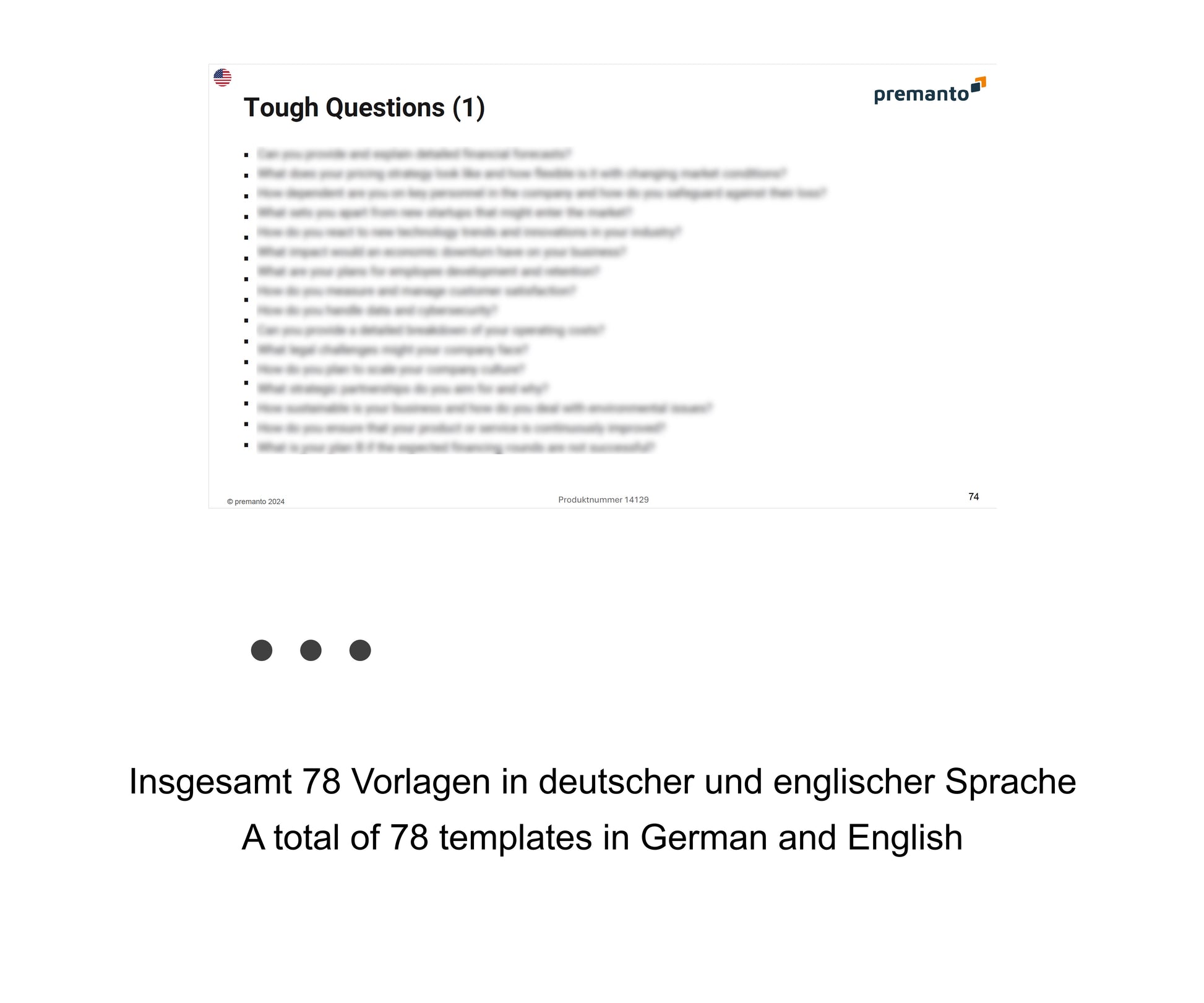 Bild zeigt eine Präsentationsfolie mit dem Titel "Tough Questions (1)" und einer Liste schwieriger Fragen, die Investoren stellen könnten. Unten steht der Text: "Insgesamt 78 Vorlagen in deutscher und englischer Sprache / A total of 78 templates in German and English."