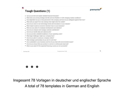 Bild zeigt eine Präsentationsfolie mit dem Titel "Tough Questions (1)" und einer Liste schwieriger Fragen, die Investoren stellen könnten. Unten steht der Text: "Insgesamt 78 Vorlagen in deutscher und englischer Sprache / A total of 78 templates in German and English."