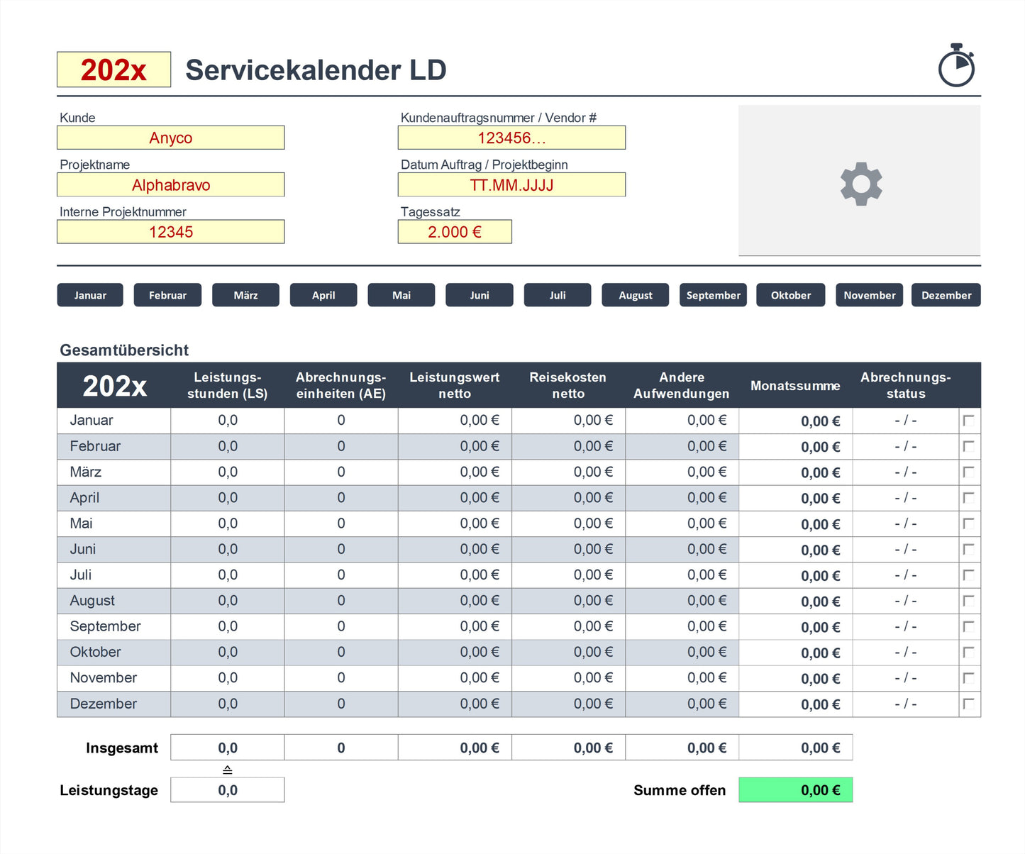 Screenshot zeigt Übersichtsseite des Excel-SEKAL-Servicekalenders, LD-Version für Berater & Projektmanager zur Leistungserfassung. Enthält Eingabefelder für akt. Jahr, Personalisierung, Grundeinstellungen, Navigationsschaltflächen für die einzelnen Monate und Tabelle mit Arbeitsstunden, Abrechnungseinheiten, Leistungswerten, Reisekosten und anderen Aufwendungen. Monatsgesamtsummen und Abrechnungsstatus werden gezeigt. Tool erlaubt Zeiterfassung, einfache Bedienung und integrierte Auswertungsfunktionen.